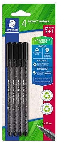 STAEDTLER dreikantiger Fineliner triplus, schwarz, aus recyceltem Kunststoff, superfeine, metallgefasste 0,3 mm Spitze, lange Lebensdauer, 4 schwarze Fineliner auf Blisterkarte, 334 R-9BK