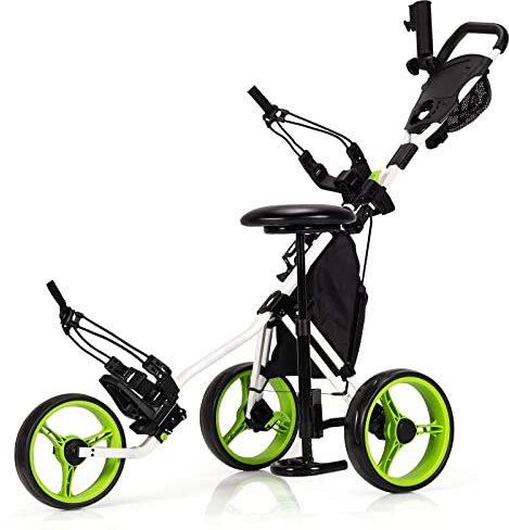 COSTWAY Golf Trolley, 3-hjuls golftrolley, golfvagn golf vikbar, golfcaddy golf pushvagn i aluminium, golfcaddy med paraplyhållare, T-styckhållare och förvaringsväska