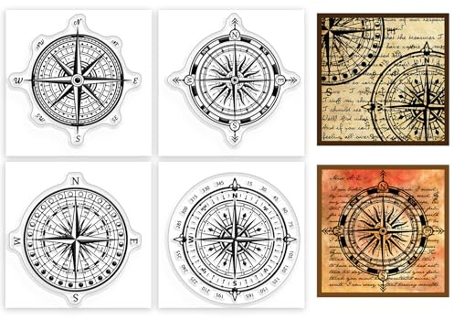 GLOBLELAND 4Pcs Mini Compass Travel Clear Stamps for DIY Scrapbooking Silicone Stamp Seals Transparent Stamps for Cards Making Photo Album Journal Home Decoration 2.2x2.2inch