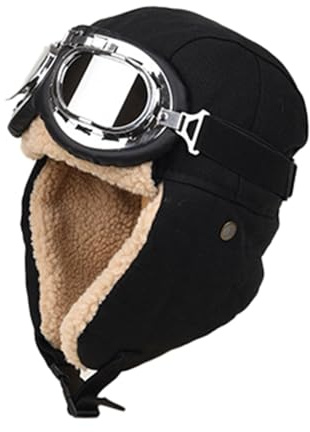 DoHTeck Casquette de pilote d'hiver chaude avec lunettes et cache-oreilles, unisexe 3 en 1 pour temps froid en plein air, Noir , taille unique