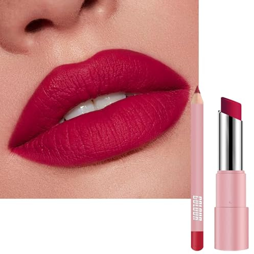 Rose Red Lipstick Lip Liner Set, Matte Pink Lipliner Long Lasting Waterproof Lip Stick, Non-fading Full-Coverage Highly Pigmented Lipsticks Lip Line Pencil Set, Gift for Women