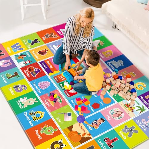 DINSUMRUG Kids Rug for Playroom, Baby Playmat with Alphabet, Month, Weather, Week and Shapes ABC Educational Rug, Play Carpet for Bedroom Classroom (150X100 CM, Weather)