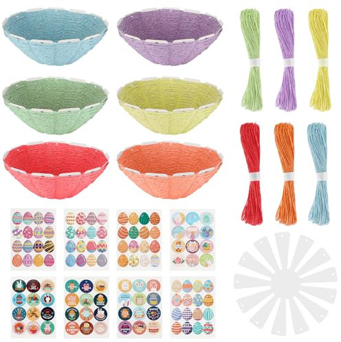 Farnirvana 6 Stück Osterkörbchen, DIY Bastelsets Korbflechten mit 6 Bunte Seile und 8 Aufkleber, Osterkörbe zum Befüllen für Kinder Anfänger, Geschenkidee Ostern Dekoration Korbmacherset