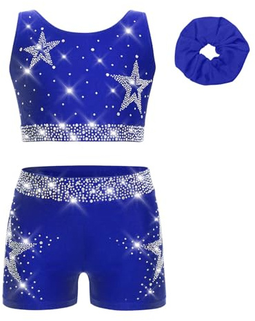 Hedmy Traje Gimnasia Rítmica Deportiva de 3 Piezas para Niñas sin Mangas con Pedrería Brillante y Diadema Crop Top y Leggings Cortos Elásticos Ropa de Danza Azul 9-10 años