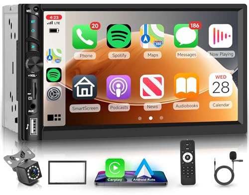 Inalámbrico Carplay Radio Coche 2 Din con Inalámbrico Android Auto You-Tube Bluetooth Mirror Link 7 Pulgadas Touchscreen Radio Coche Doble Din FM Radio EQ/USB/TF/AUX Control del Volante Cámara Trasera