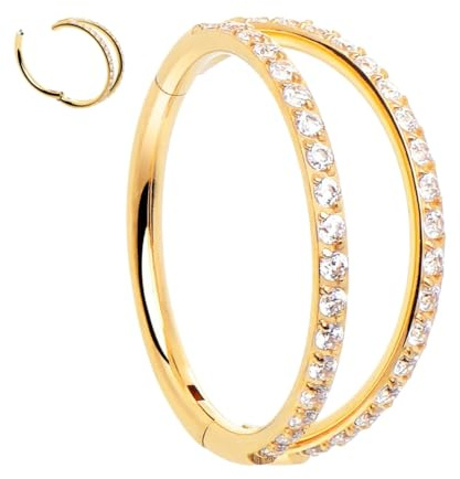 Jewel Barrel Crystal Double Hoop Nose Ring - Hinged Segment Clicker for Septum, Nostril, Cartilage, Helix & Conch Piercings - 18G 16G 14G - 6mm, 8mm & 10mm - Gold & Silver (Gold, 16G - 8mm)