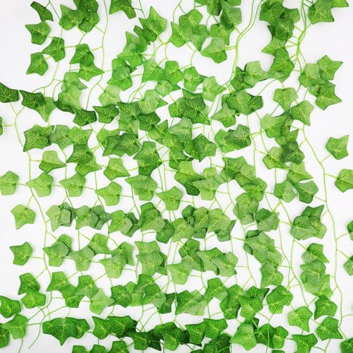 CHEESANHERR Guirlandes de Feuilles D'érable de Lierre Artificielles, 12Pcs Fausses Plantes Vignes Interieur Exterieur, Deco Automne Decoration Chambre, Murale, Jardin, Halloween, Noël, Mariage (Vert)