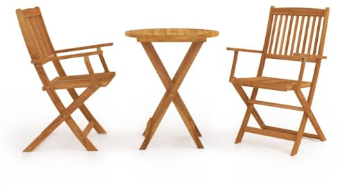 Teenpull Set da bistrò pieghevole in legno massello di acacia, tavolo rotondo con 2 sedie, legno di acacia oliato, mobili da giardino per terrazza, balcone, esterno, salvaspazio