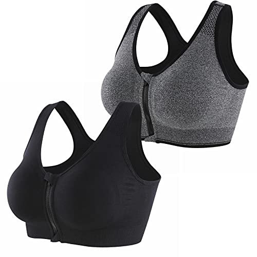 CLOUSPO Sports Bra Post Surgery Bra Zip Front Wireless with Removable Pads Yoga Bra for Workout Fitness(L,Grey+Black)