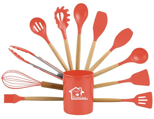 AEX 12 Pcs Silicone Kitchen Utensils Set with Holder Heat Resistant Cooking Utensils for Non Stick Pans, Wooden Handle Spatula & Spoon Set Kitchen Tools Set (Red)