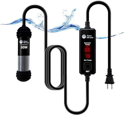 AquaMiracle Upgraded 50W Small Aquarium Heater Fish Tank Heater Turtle Heater Super Mini Aquarium Heater, Dry-Run/Overheating Protection and Memory Function, Dual LED Display, for 5-10 Gal Tanks