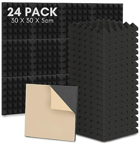 Sonnewelt Akustikschaumstoff Selbstklebend 24 Stücke 5x30x30 cm 3D Hochdichte Schallabsorber Wand Hall Echo-Fliesen reduzieren Schalldämmung für Tonstudio Aufnahmestudios Büro Schwarz Pyramide