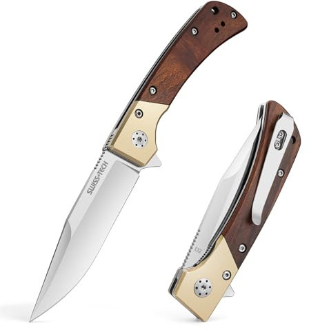 Swiss+Tech Couteau Pliant de Poche en Acier D2, Couteau Multifonction avec Manche en Bois pour Camping, Randonnée, Alpinisme, Voyage, Utilisation Quotidienne
