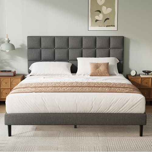 Yocreat Double Bed Frame, Easy Assembly, Sturdy Wooden Slat Support, Upholstered Platform with Headboard, No Box Spring Needed, Gray Double Bed 135×190