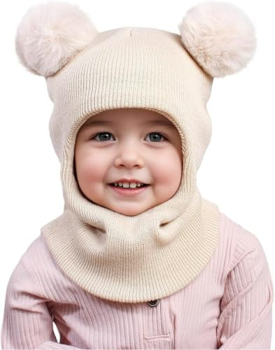 DRESHOW Kinder Wintermütze Warme Schal Schlupfmütze Strickmütze Kapuze Weiche Schalmütze mit Doppelt Bommel Pom Pom Beanie Mütze für Kleinkinder Jungen Mädchen 1-6 Jahre