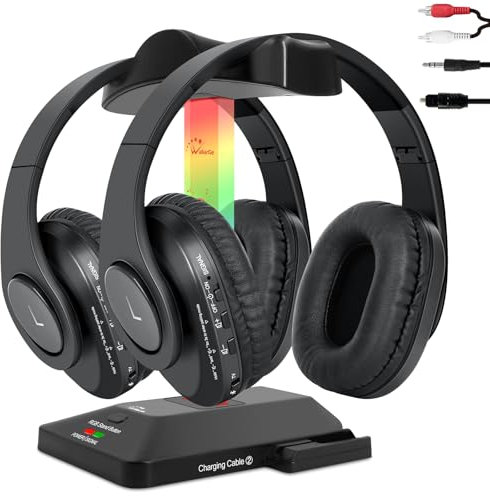 WallarGe Dual Funkkopfhörer für Fernseher/TV mit RF und Bluetooth, Over-Ear kabellose kopfhörer mit RF Sender Ladestation für Senioren, mit Optisches und Aux Port, Plug and Play, Satz von Zwei