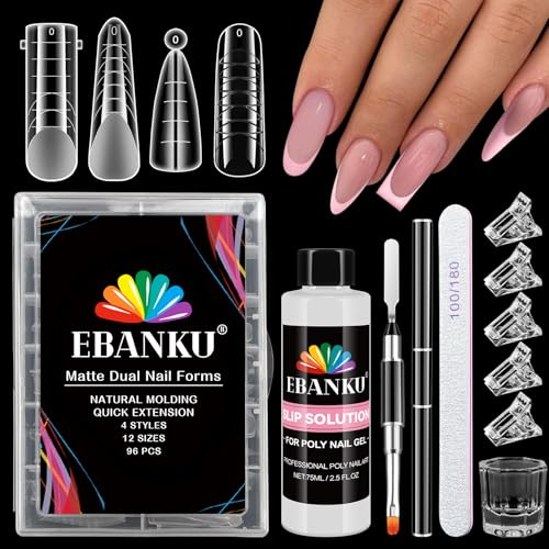EBANKU 96PCS Unghie Finte Nail System Dual Nail Form, Riutilizzabili Nail Dual Form Matte Stiletto Mandorla Square con 75ml Slip Solution Unghie Clip Pennello Polygel a Doppia Estremità e Lima Set
