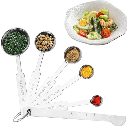 YUNYU Set di cucchiai dosatori in acciaio inox con righello, 5 utensili da cucina per ingredienti secchi e liquidi, segni chiari e design durevole (elementi essenziali per cucinare/cucinare)