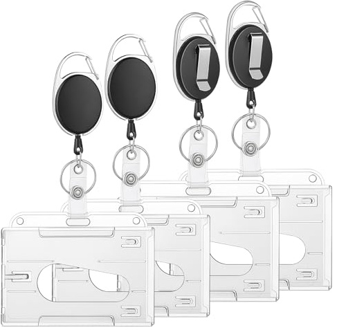 4 Stück Kartenhalter Set mit Ausziehbaren Schlüsselbändern, Kartenhülle Hartplastik 10x6cm Transparent, Ausweishalter mit Band für Ausweis, Kreditkarte, Führerschein(Schwarz)