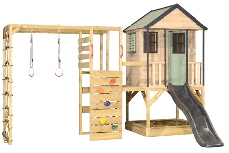 Wendi Toys M48PGG-G Stelthus med rutschkana, klättertorn av FSC-trä, lekhus barn, utomhus, trädgård med plattform 90/120 cm, klättervägg, klättringsnät, gymnastikringar, 340 × 360 × 242 cm, grön/grå