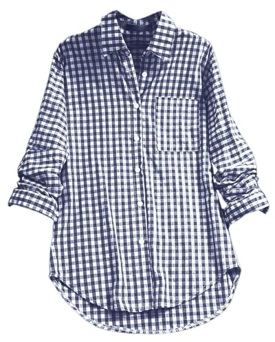 Womens Long Sleeve Tops Dressy Casual Blouse Causal Stretch Button Down Shirts Breathable Lightweight Cotton Linen Roll Up Pleated Work Loose Fit for Ladies UK Dark Blue