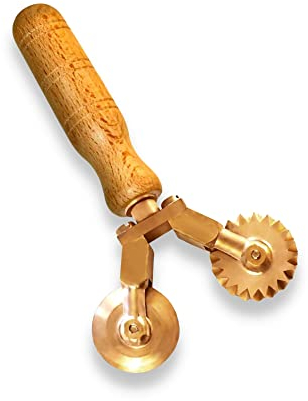 LA GONDOLA Rotella doppia tagliapasta combinata ottone - impugnatura in legno,prodotto artigianale Made in Italy