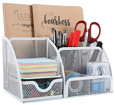EasyPAG 7 Fächer Metall Schreibtisch Organizer Stiftehalter Stiftköcher Vielseitig Utensilienschalen Büro Organisation Zubehör Ablage mit Schublade,Weiß