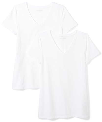 Amazon Essentials T-Shirt Col en V, à Manches Courtes, Coupe Standard Femme, Lot de 2, Blanc, M
