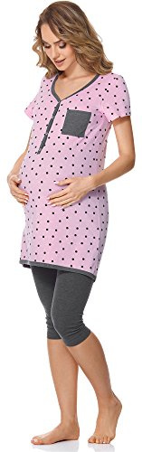 Bellivalini Premamá Pijama Conjunto Camiseta y Leggins Lactancia Maternidad Mujer BLV50-126 (Rosa Puntitos/Grafito, XL)