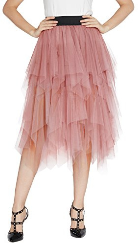 Urban GoCo Mujeres Enagua Falda Corta Midi Tul Damas Cintura Elástica Asimetricas Tutu Falda para Fiesta Danza (Small, Nude Rosa)