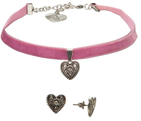 Alpenflüstern Trachtenschmuck-Set Trachten-Samt-Kropfband und Ohrstecker Trachtenherz - Damen-Trachten-Schmuck, Trachtenset Trachtenkette und Trachten-Ohrringe rosa-rosé SET042