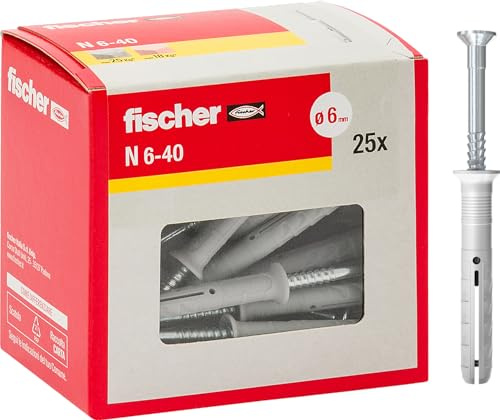 Fischer N 6x40 Tasselli Prolungati a Battere, Fissaggio a Percussione con Chiodo Premontato per Pieno, Semipieno e Calcestruzzo, 25 Pezzi, 508273