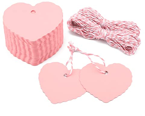 Herz Geschenkanhänger Valentinstag Anhänger Kraftpapier Etiketten, 100 Stück Tags mit Rosa und Weiß Schnur, für Hochzeit Geschenke Basteln Deco (Rosa)