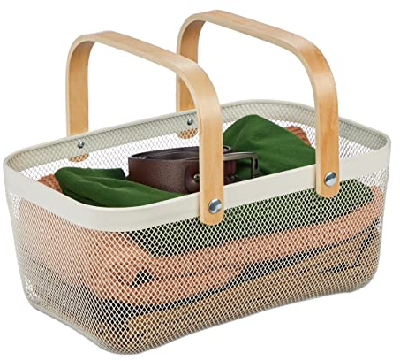 Relaxdays Drahtkorb mit Henkel, eckig, Aufbewahrungskorb Metall & Holz, Utensilienkorb für Küche, Bad, Wohnzimmer, weiß