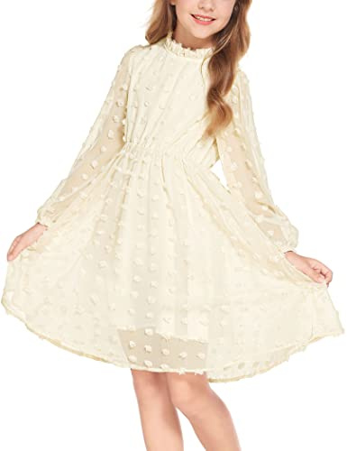 Arshiner Vestido Niña Elegante Corte A Princesa Vestido Informal Vestido de Manga Larga Vestido de Fiesta Vestido Festivo de Boda Cuello con Volantes Vestido Informal para Niña Beige 160