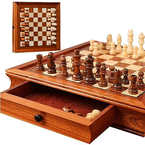 MZSX International high-grade schackbräde set spel, Låda, Medium två-i-ett schack, Massivt trä magnetisk, Dekorativ gåva, Turneringsprydnader