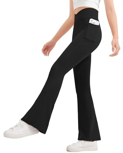 JOCMIC Girls Flared Kids Pants V Cross High Waisted Dance Yoga Athletic Leggings Black, 12-13 Years, Tag160