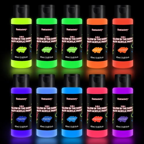Fantastory Fluoreszierende Farbe Leuchtfarbe 10x60ml mit 3 Pinseln, Leuchtfarben Nachtleuchtend Acrylfarbe Glow in the Dark, Wasserfest & Langlebig, Schwarzlichtfarbe für Holz, Stein, Kürbis & DIY