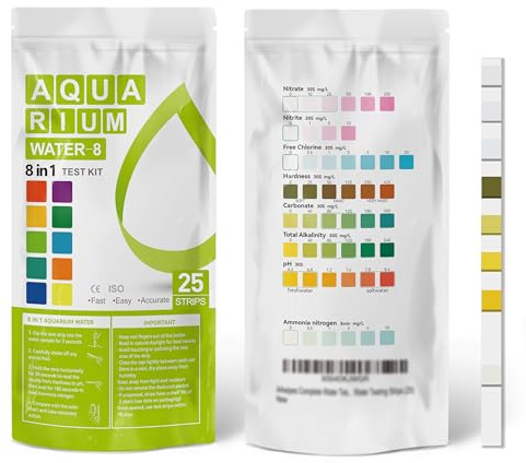 AAWipes - Tiras de prueba de amoníaco para acuario, 8 en 1, 25 tiras, prueba de agua rápida y precisa, pH, carbonato, alcalinidad, dureza, cloro, nitrito, etc. (K02-25)