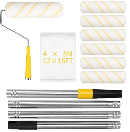 Qivine Malerset Farbroller mit Teleskopstange, 7tlg 23cm Malerwalze und Schutzfolie, 30-105cm Lange Verlängerungsstange Fassadenroller Set für Wandfarbe Decken