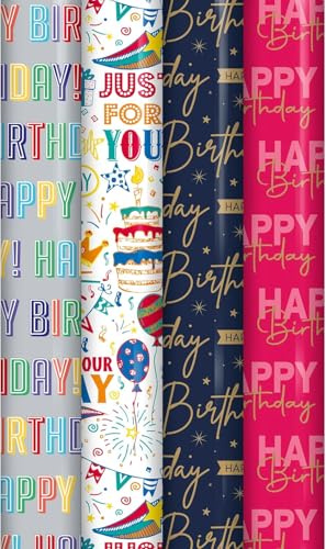AXXTAN Birthday Wrapping Paper Roll – 4 x 3M Recyclable Gift Wrap Set with Colourful, Tear-Resistant Designs – Perfect for Wrapping Presents for Kids, Adults, Women, Men & Party Decorations