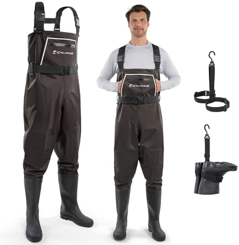 Calamus WaveWalker Fishing Waders for Men & Women, 100% Waterproof PVC Chest Waders with Slip-Resistant Boots, Tear-Resistant Nylon, Ample Storage, Wader Hanger, Brown, M10/W12