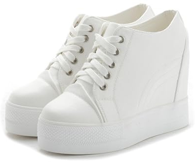 Baskets Compensées Dissimulées For Femmes Chaussures De Sport Décontractées À Plateforme Et Bout Rond À La Mode(White,34 EU)