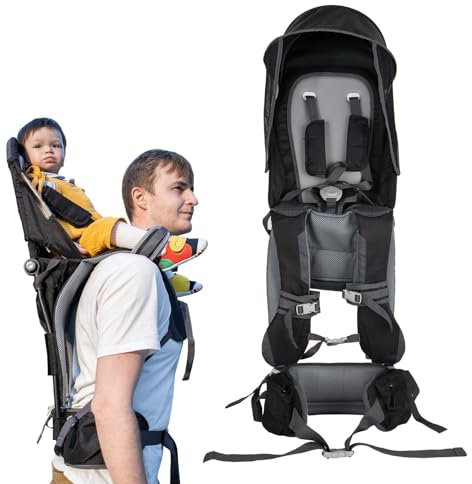iuscacey Babytrage-Rucksack | Ergonomische Sitzunterstützung für 6 Monate bis 3 Jahre (18 kg) | mit Verdeck und faltbarem Rahmen – perfekt zum Wandern/für Flugreisen, schwarz