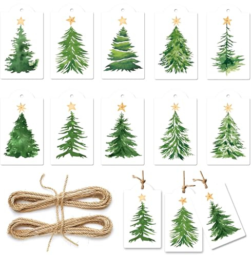 MORAINJAY 60 PCS Christmas Tags, Pine Tree Xmas Tags for Presents, Hanging Gift Labels with Strings for Wrapping and Christmas Tree Decoration