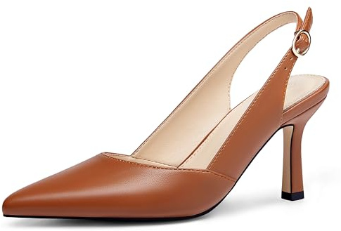 Rilista Women's Slingback Kitten Heels Closed Pointed Toe Wedding Party Dress Pumps Shoes, Brown/Pu, 6 UK
