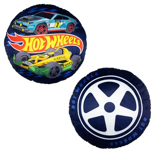 Offiziell Lizenziertes, rundes Kissen von Hot Wheels | Rennwagen-Rad | Gefülltes, rundes Plüschkissen im Autobahn-Design | Perfekt für Schlafzimmer oder Gaming-Dekor | 40 x 40 cm