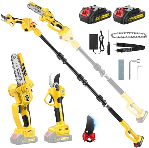 Motosega a Batteria Telescopica, 1000W 35 mm Forbici Potatura a Batteria con Asta 2.2M + 6 Mini Motosega Elettrica, 2 * 2000mAh 4-in-1 Kit Forbice Potatura a Batteria per Frutteto, Giardino Chainsaw