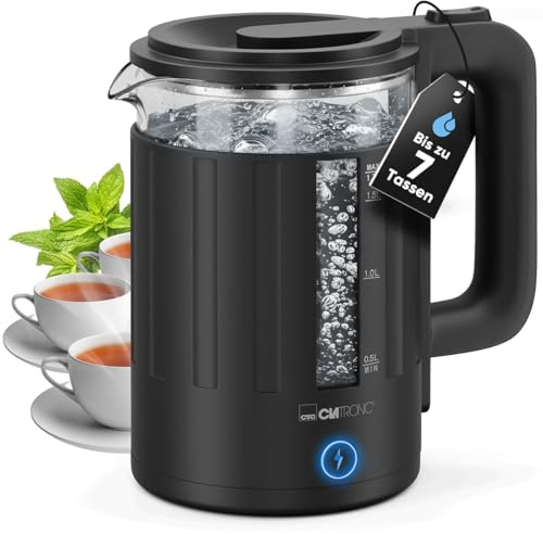 Clatronic Wasserkocher Glas | 1,7 Liter | BPA frei | Einhandbedienung | wärmeisoliertes Gehäuse | Kettle | mit Kabelaufwicklung | Wasserkocher schwarz | WK 3837