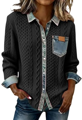 Camisas con botones para mujer, estilo casual, cuello de solapa, estampado texturizado, blusa de mezclilla con retazos, casual, ligera, chaqueta de mezclilla vintage con costuras de bloque de color
